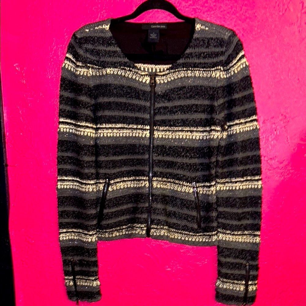 Calvin Klein Jeans Black, gold, and grey Textured sweater Jacket. Sz medium.